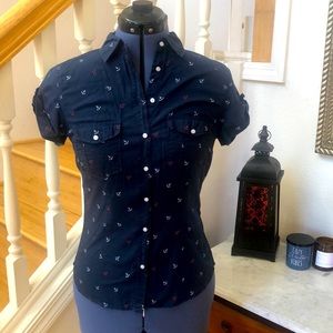 H&M L.O.G.G Nautical Navy Button Up Blouse Size 6